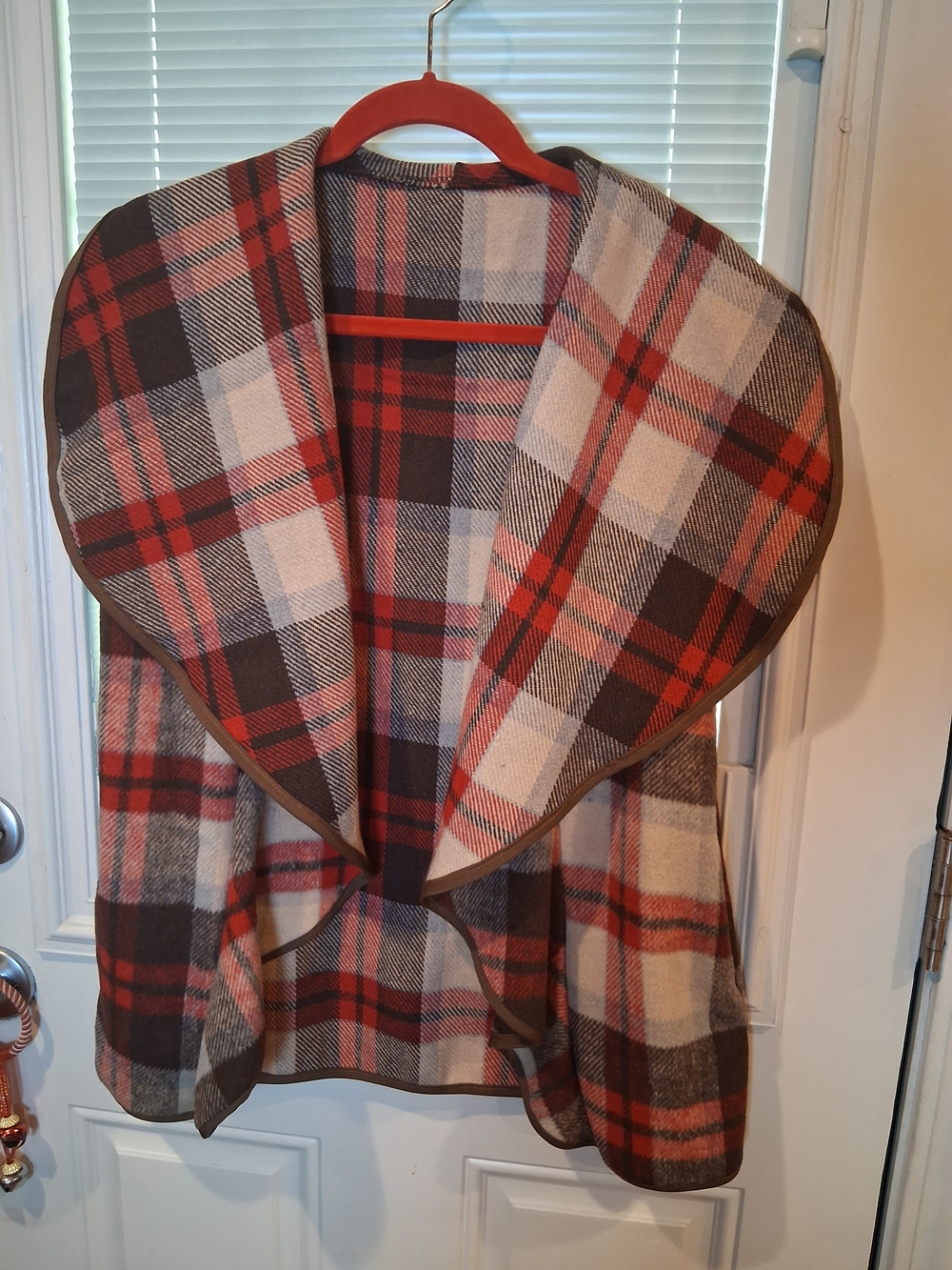 sku108Plaid Open-Front Cape Jacket in Red and Brown Size L Statement Vest